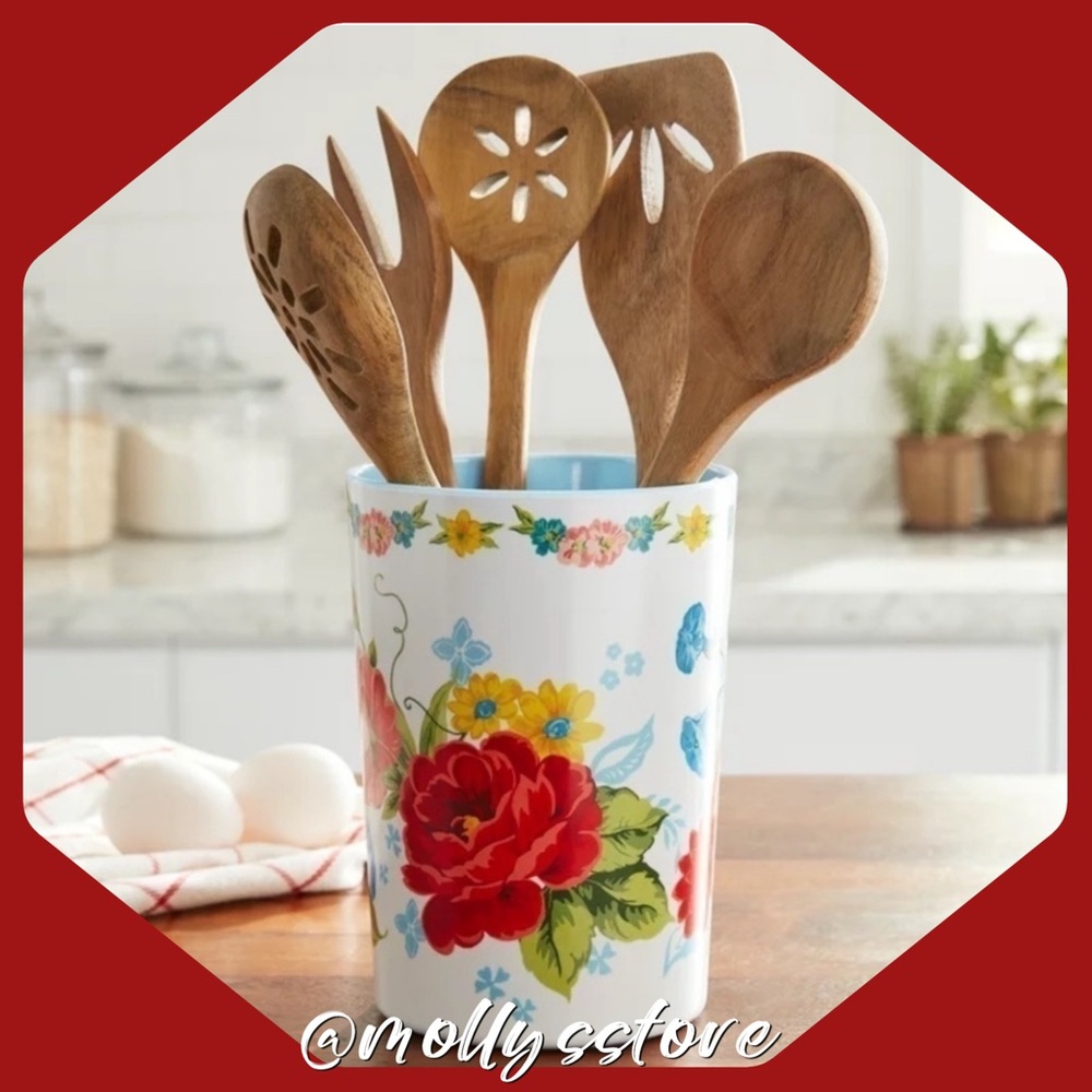 🩷 New Pioneer Woman Sweet Rose Melamine Crock and Wooden Utensils